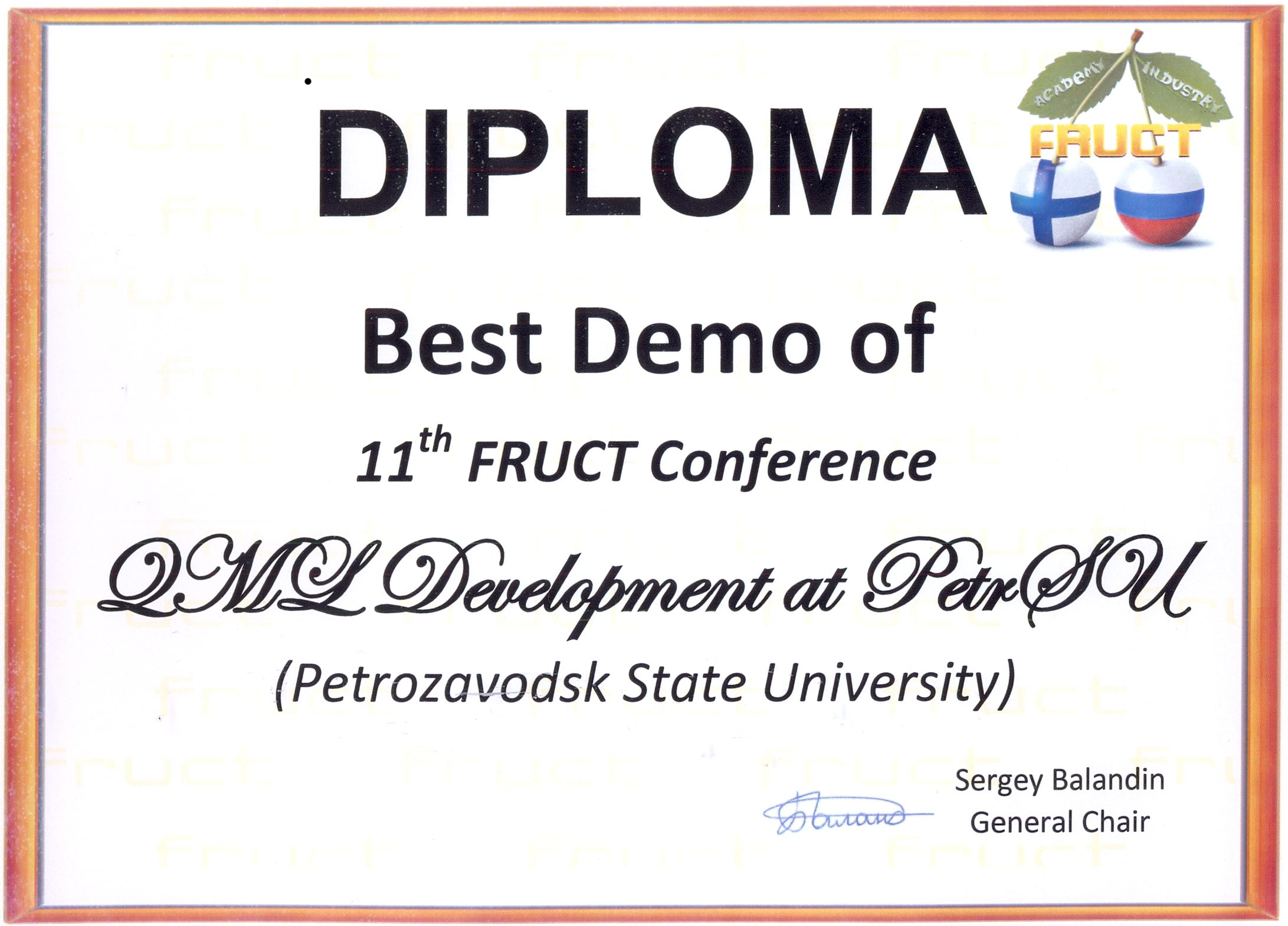 Fruct Conference. Diploma for the best Portfolio. Demo best